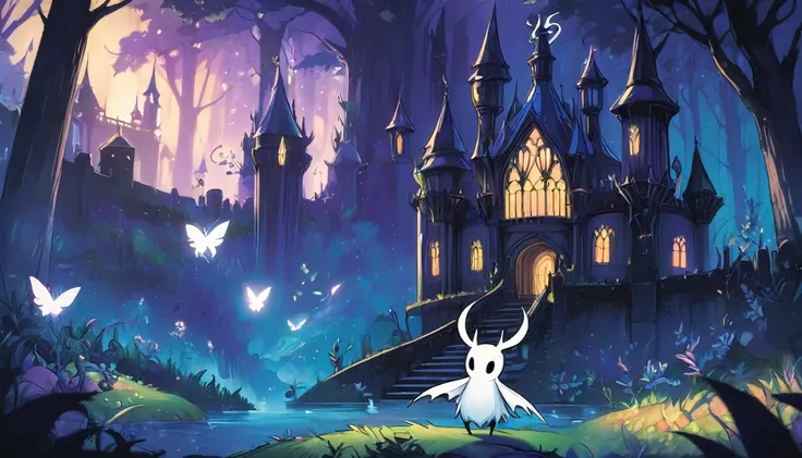 Cartoon image of a dark castle with a ghost in the middle, Hollow Knight concept art, portrait of Hollow Knight, Hollow Knight style, Hollow Knight, ( ( ( ( ( and Mumford ) ) ) ) ), the knight from Hollow Knight, Hollow Knight screenshot, el bosco and and ...