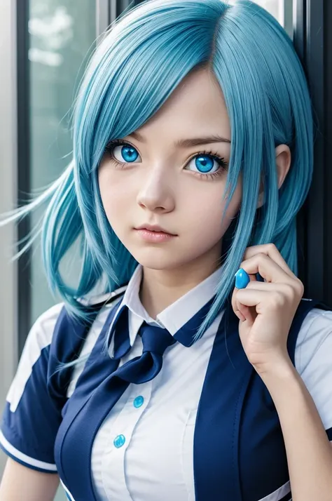 My hero academia style anime girl with uniform, long light blue hair, light blue eyes, medium shot