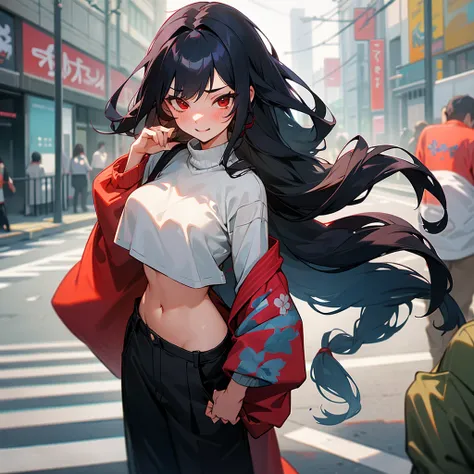 1female, sexy, young teen, finely detailed red eyes, wild long hair, braided hair, black hair color, crop top sweater, baggy pants, standing on streets, day time, tokyo streets, excited expression, flowers, blushing