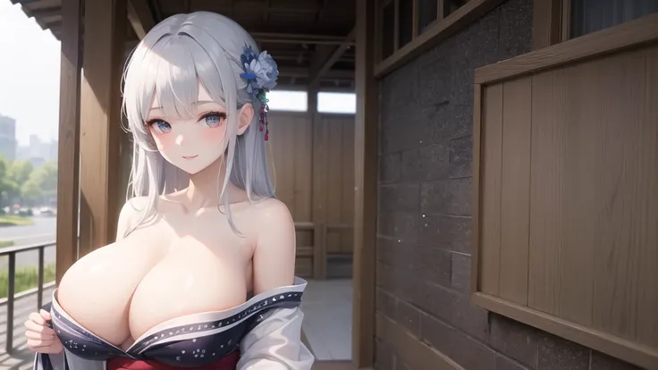 (((masterpiece, best quality))), (((superior quality))), cute girl, ((extremely detailed girl)), ((huge breasts)), yukata, bare shoulders, strapless top, long silver hair, happy