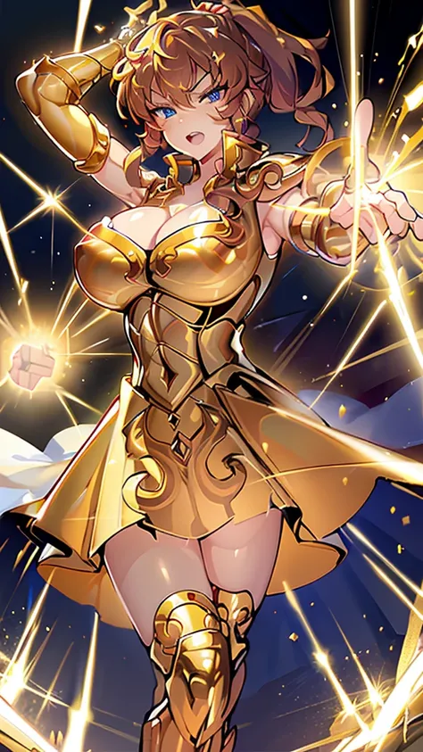 Gold Armor, 4K image, rallies, best quality, masterpiece, movie lighting ，Sexy，Large Breasts，Cleavage，action，In battle，cleavage，anger，noble，Light beams from hands，Golden lightning all around，red hair，ponytail hairstyle，Saint Seiya Leo Aiolia，Wink，lipstick