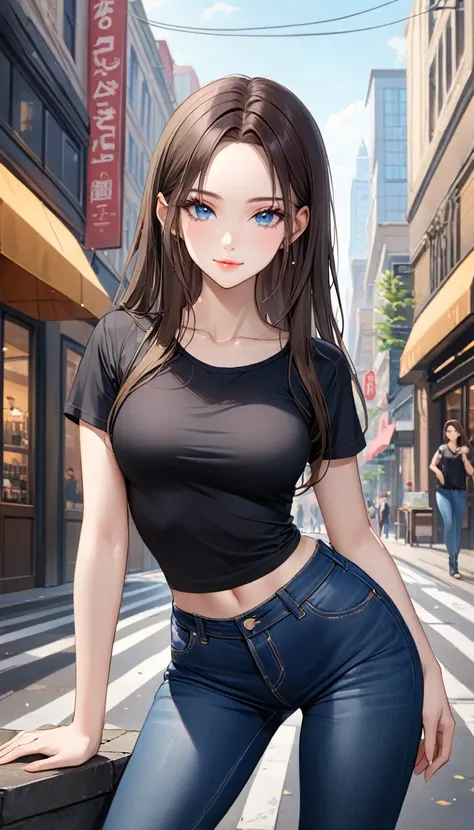 ((best quality, masterpiece:1.3, 8K)), (detailed), highly detailed face and skin texture, detailed eyes, downtown, full body, seductive pose, slender body, 1girl, 25 years old, white skin, blue eyes, bright lips, seductive smile, dark brown hair, straight ...