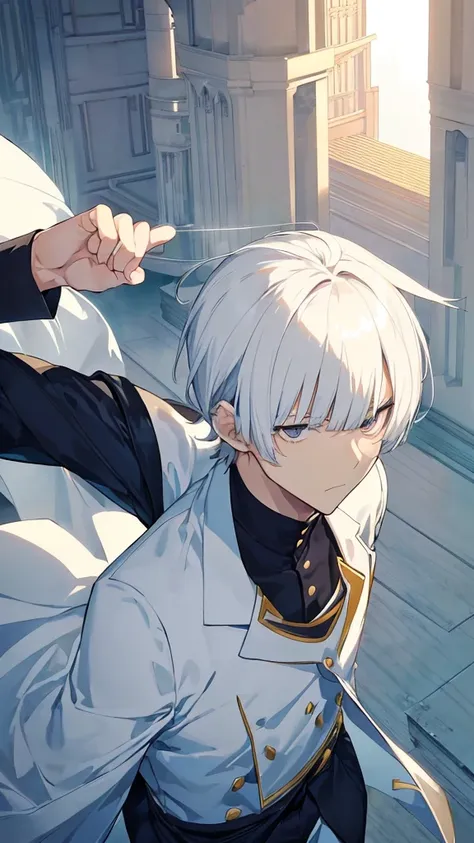 best quality,japanese animation style 1adult male,solo,very short hair,protruding hair,white hair,((((up-bang and parted into se...