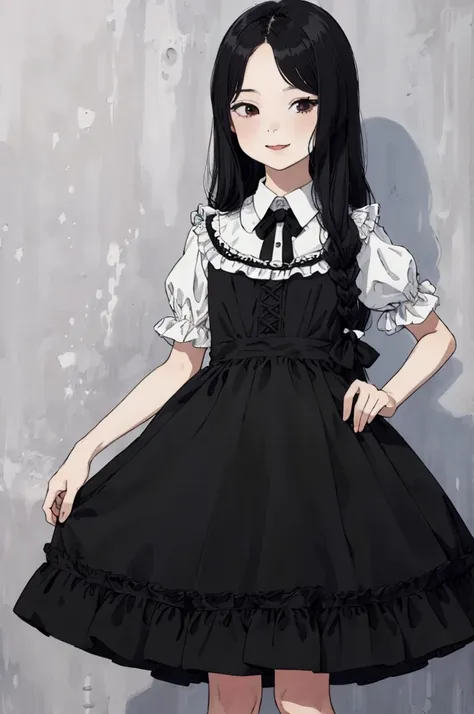 best quality, masterpiece, detailed,2d,flat color, 1girl,10yo,petit,black hair,straight hair,(long hair,),,lolita dress,