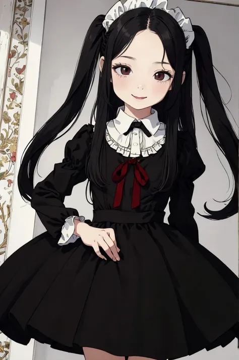 best quality, masterpiece, detailed,2d,flat color, 1girl,10yo,petit,black hair,straight hair,(long hair,),,lolita dress,