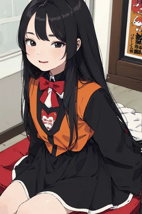 best quality, masterpiece, detailed,2d,flat color, 1girl,10yo,petit,black hair,straight hair,(long hair,),hime cut