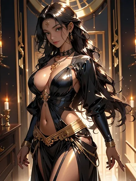 best quality, nsfw, extremely beautiful, beautiful face, long wavy dark hair, Woman Dark, Brown skin, (Shiny skin : 1.5), big breasts, long sexy black and gold dress neckline navel, black and gold breast curtains, long black and gold open front skirt, arou...