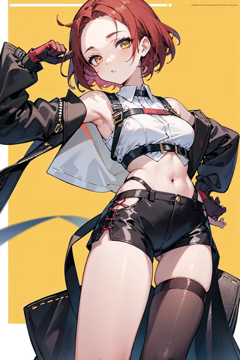 1girl, young woman, solo, short hair, Small  hair, (forehead:1.2), yellow eyes, sharp ocular posture, (scarlet red hair), light brown skin tone, Athletic, muscular, medium breasts, (cropped jacket, black jacket), white shirt, collared shirt, (chest harness...