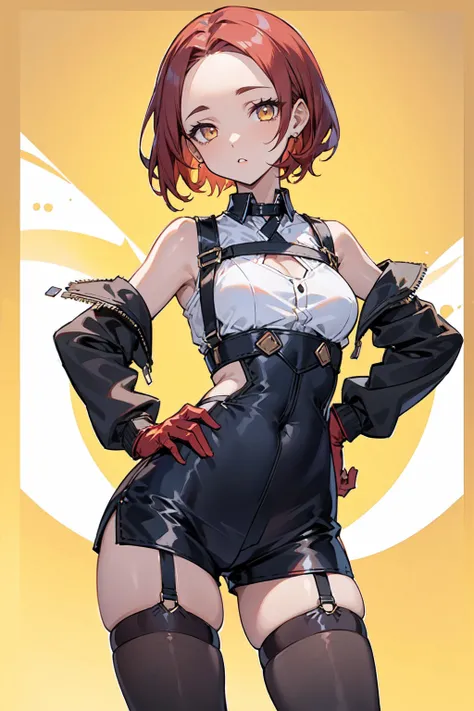 1girl, young woman, solo, short hair, Small  hair, (forehead:1.2), yellow eyes, sharp ocular posture, (scarlet red hair), light brown skin tone, Athletic, muscular, medium breasts, (cropped jacket, black jacket), white shirt, collared shirt, (chest harness...