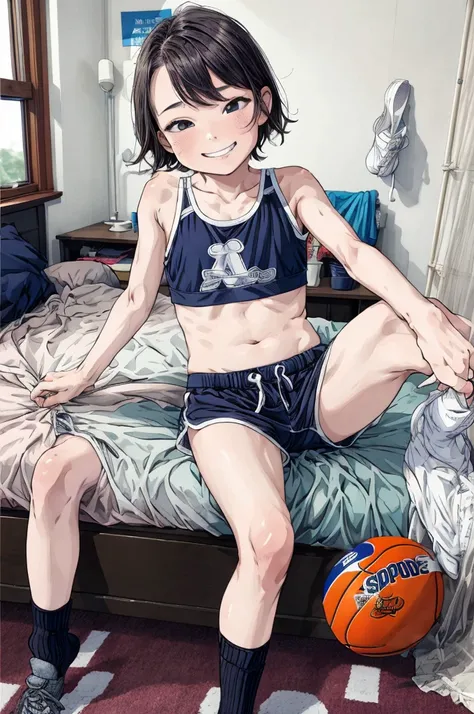 best quality, masterpiece, detailed,2d,flat color, 1girl,10yo,petit,grin,my room,,sports bra,shorts,socks