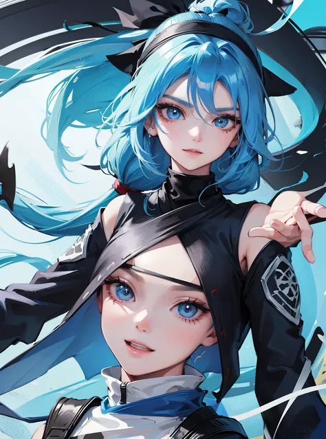 A girl with blue hair and long blue eyes with a happy face, her clothes are white ninja and black lines, she wears a bandana on her forehead. 