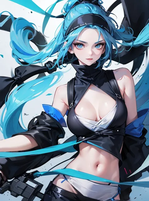 A girl with blue hair and long blue eyes with a happy face, her clothes are white ninja and black lines, she wears a bandana on her forehead. 