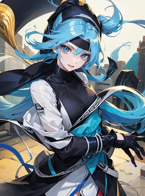 A girl with blue hair and long blue eyes with a happy face, her clothes are white ninja and black lines, she wears a bandana on her forehead. 