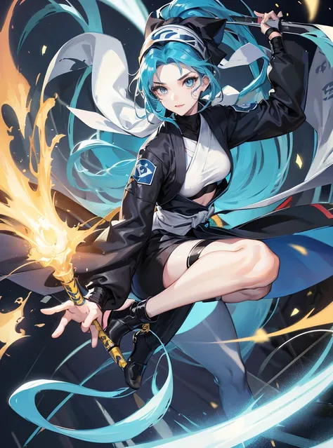 A girl with blue hair and long blue eyes with a happy face, her clothes are white ninja and black lines, she wears a bandana on her forehead. 