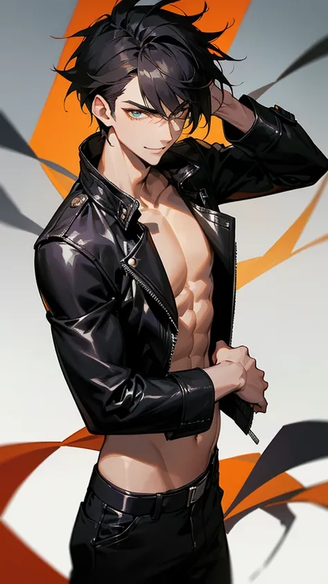 A handsome young man,no more than 22,deep amber eyes and messy jet black hair. Well-defined face with a strong jaw and a smirk. He wears a black leather jacket opened in the front,showing off his belly and pants.