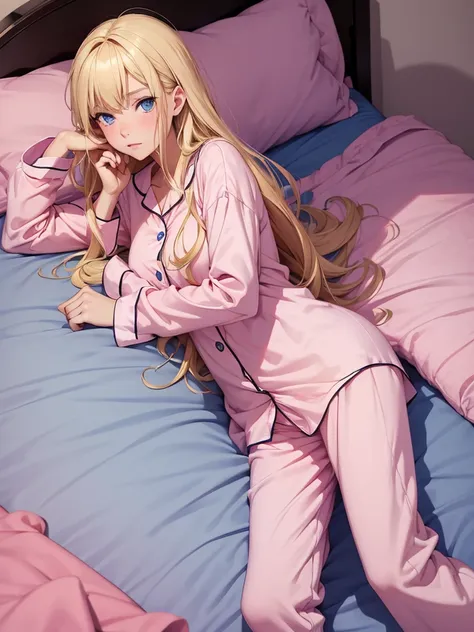 an adult girl, Blonde, blue eyes, loose hair, lying in her bed with a somewhat sick face, in pink full body pajamas 
