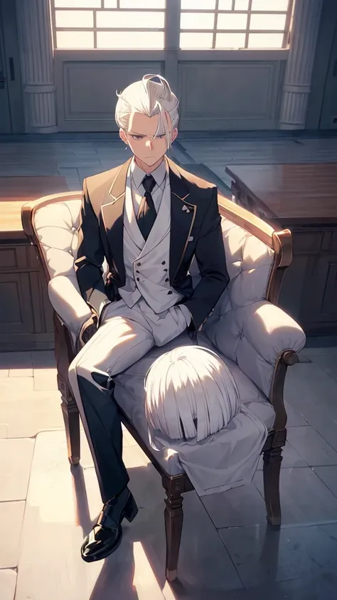 best quality,Japanese animation style 1adult male,((solo)),short hair,Protruding hair,white hair,((((Up-bang and parted into seven thirds)))),((hair slicked back)),small eyes,slant eyes, white eyes, 
stern expression,Tailcoat combat specifications based on...