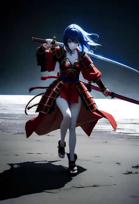 Best quality, masterpiece, super high resolution, (reality: 1.4), raw photo, (slender legs) (perfect figure), dynamic pose, samurai in red Japanese armor, whole body in red cobalt blue armor, one hand Holding a sword and taking command on the battlefield, ...