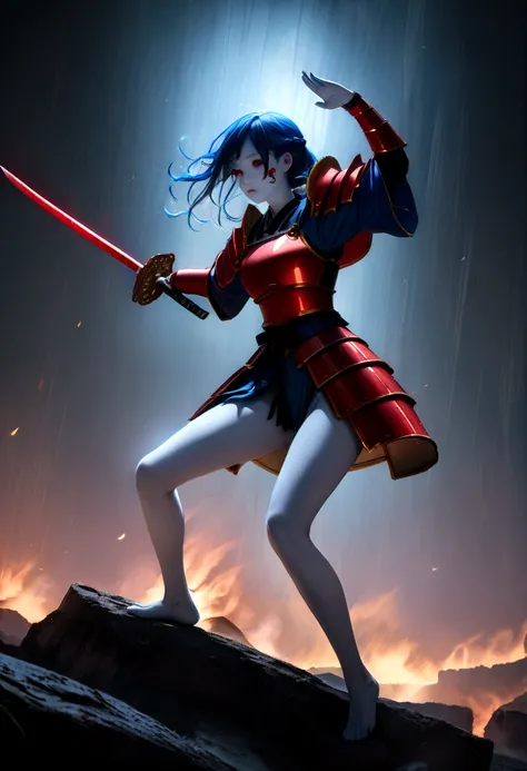 Best quality, masterpiece, super high resolution, (reality: 1.4), raw photo, (slender legs) (perfect figure), dynamic pose, samurai in red Japanese armor, whole body in red cobalt blue armor, one hand Holding a sword and taking command on the battlefield, ...