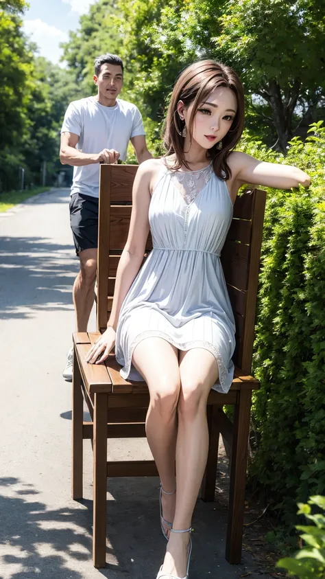 Highest quality、4K quality、Man sitting in a chair、A woman in a summer dress is riding a man、Shooting from the side