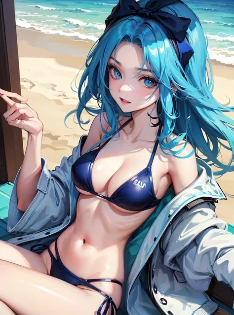 A girl with blue hair and long blue eyes with a happy face. Her clothes are a sexy bikini showing her breasts and she wears a bandana on her forehead on the beach. 