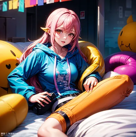  Arapei lying in bed with colorful background。Guwiz Style Cyberpunk Anime Girl Cosplay Art，Artist Lu Dongjun，Created by Yang J.，Tronco Ross 8K，Guvitz at Pisif art station。Sakimican Frank Franzeta assists in creative conception。Anime girls wear hooded shirt...