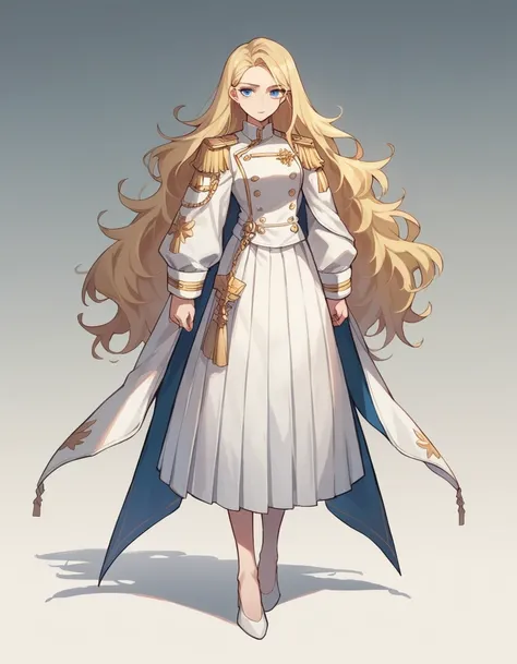 commander anime girl, white commander clothes, white skirt, 18 years old, blonde hair, blue eyes, a little shy, full body wiew