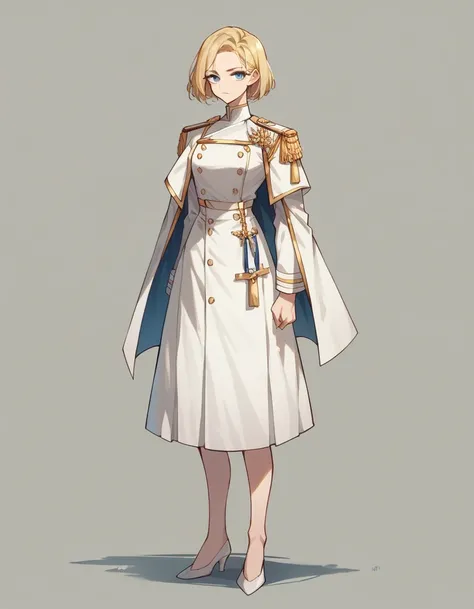 commander anime girl, white commander clothes, white skirt, 18 years old, blonde hair, blue eyes, a little shy, full body wiew