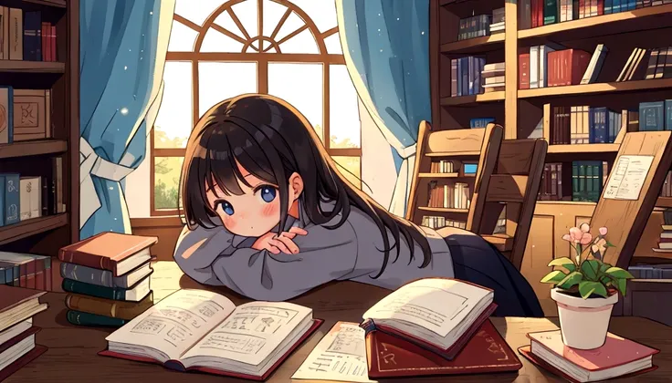 A cute girl studies alone in the library