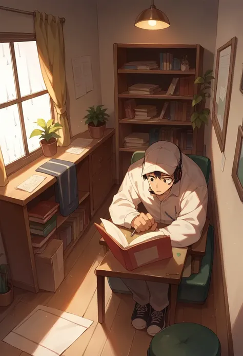 Lofi style room, natta , rain through the window, de natta , Boy in Cap Studying With Face, Headset and Notebook