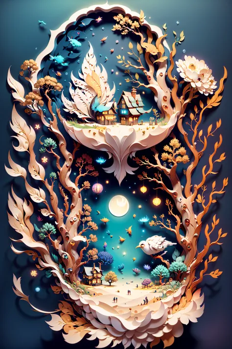 (((work of art))),best qualityer,illustration,beautifuldetailsgloss, paper_cut-in, owlship, Tree,moonligh,