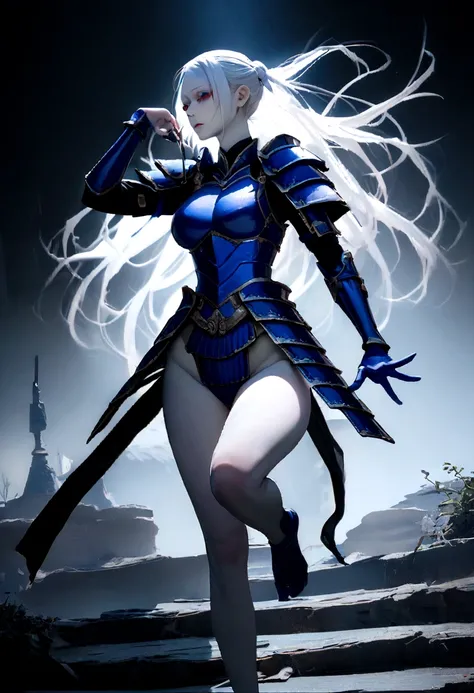 Highest image quality, masterpiece, super high resolution, (reality: 1.4), raw photo, (slender legs) (perfect figure), dynamic pose, samurai in cobalt blue armor, holding a sword in one hand and commanding on the battlefield Appearance, background is white...