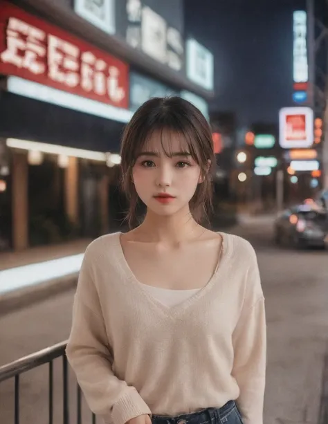 A grown woman, late twenties age, standing up, beautiful, sexy loose fitting nightlife attire, cozy lighting, cozy background, eye-level camera angle, 