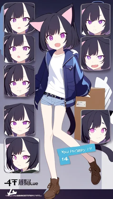 a young 14 year old girl, 4ft9 in Hight, open blue jacket, white shirt, short jeans, black hair, brown work shoes, ,purple eyes,fang, ,cat ears, ,cat tail, character design,