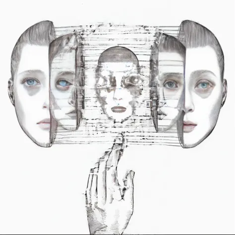 a drawing of a hand touching a drawing of a face, with multiple eyes, symmetrical portrait science fiction, be transparent holographic, multiple eyes, sketch of a lucid dream, Symmetrical illustration of faces, symmetrical face concept art, multiple perspe...