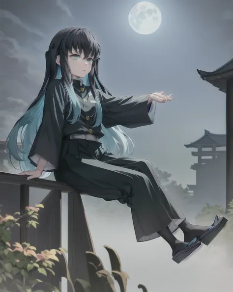 masterpiece, best quality, 1boy, muichiro,long hair, black hair, aqua hair, bangs,  multicolored hair, sidelocks, long sleeves, aqua eyes, demon slayer uniform, pants, sitting, dark, moon, night, profil, view from far, old japanse architecture, ultra high ...