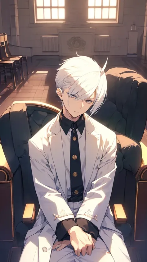 best quality,Japanese animation style 1adult male,((solo)),short hair,((jagged hair)),white hair,((((Up-bang and parted into seven thirds)))),((hair slicked back)),small eyes,slant eyes, white eyes, 
stern expression,Tailcoat combat specifications based on...