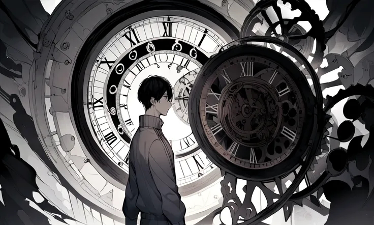 black and white drawing, giant clockwork background, human, 26 year old male, black neat hair, a lonely face, wearing gray tracksuit, rise above the clock hands.