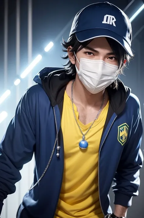 I want a male anime character with a blue cap, lights coming out of his eyes, a black mask and a little white ball at the tip of the mask and a yellow Brazil team shirt, silver chain with the pendant written Free fire and putting the name Free fire in the ...