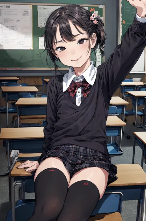 best quality, masterpiece, detailed,2d,flat color, 1girl,10yo,petit,,classroom,,thighhighs,