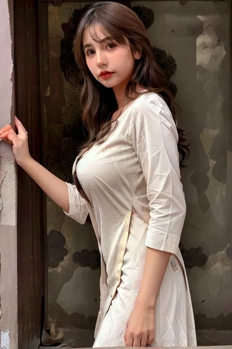 ((best quality)), ((masterpiece)), (detailed), Beautiful indian bhabhi , hot kurti,
Deep cleavage , pose , standing , side view , naughty  facial expression , before and after , cute dimple ,  hot , real image , 3d 