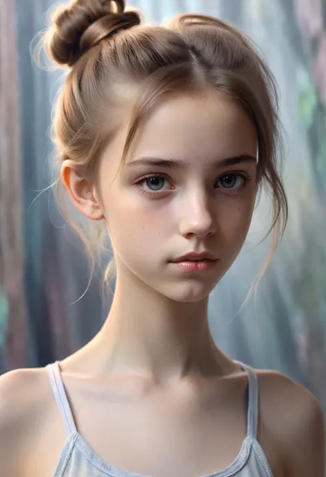 (cinematic photo: 1.3) from (really: 1.3), (comfortable: 1.3) beautiful 12 year old girl, (difficult messy bun of light brown ha...