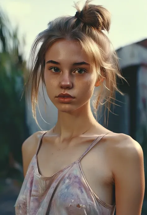 (cinematic photo: 1.3) from (really: 1.3), (comfortable: 1.3) beautiful 18 year old girl, (difficult messy bun of light brown ha...