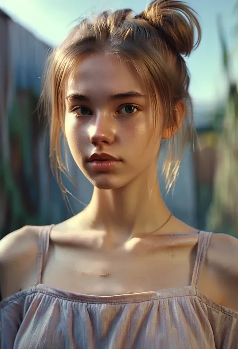 (cinematic photo: 1.3) from (really: 1.3), (comfortable: 1.3) beautiful 18 year old girl, (difficult messy bun of light brown ha...