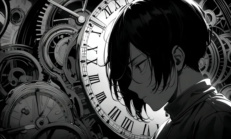 black and white drawing, giant clockwork background, human, 26 year old male, black neat hair, a lonely face, wearing gray tracksuit, put one&#39;s foot on the clock hand.