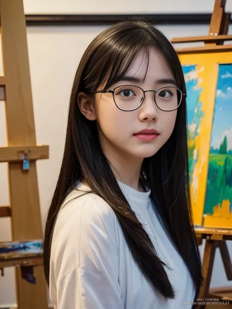 (RAW Photos, Highest quality), (Glasses), masterpiece, Natural light, 1 Girl, Smooth Hair、Art Studio, Painting, creative, Inspiration, colorful, Art Supplies, easel, Lighting Effects, Energetic, Modern Art, Performance, head shot