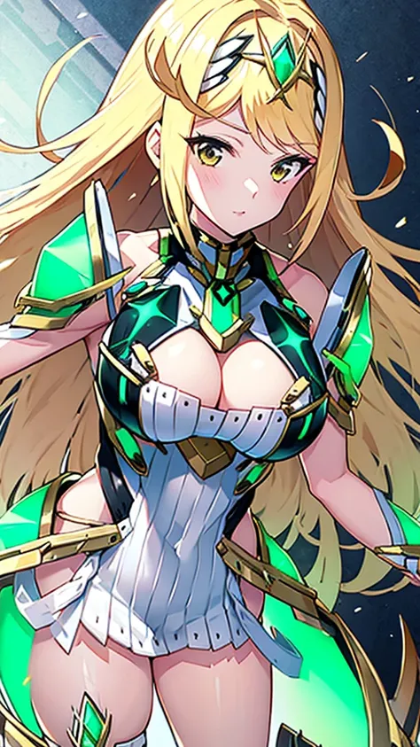 mythra from xenoblade, cleavage, big breasts, long hair, blonde hair, sexy girl, 1 girl, masterpiece, best quality, high resolut...