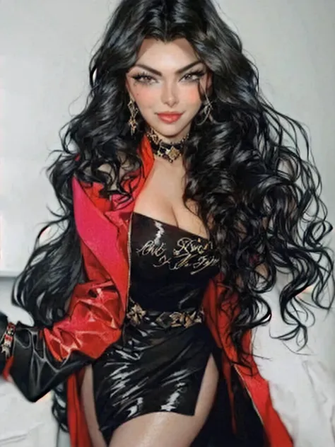 a close-up of a woman in a black dress and a red jacket, portrait of haifa wehbe, his black hair is long and curly, charli xcx, ...