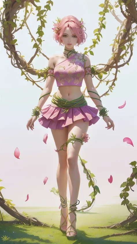 a woman with a pink petal crop top and short skirt, and pink petal bracelets on her wrists and ankles, she has green vines merge...