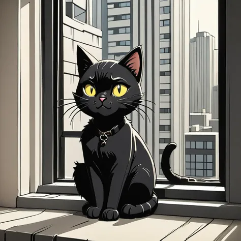 black cat sitting  on a windowsill in a highrise apartment, simple anime style, 2d, celshading, thick lineart, heavy black ink l...